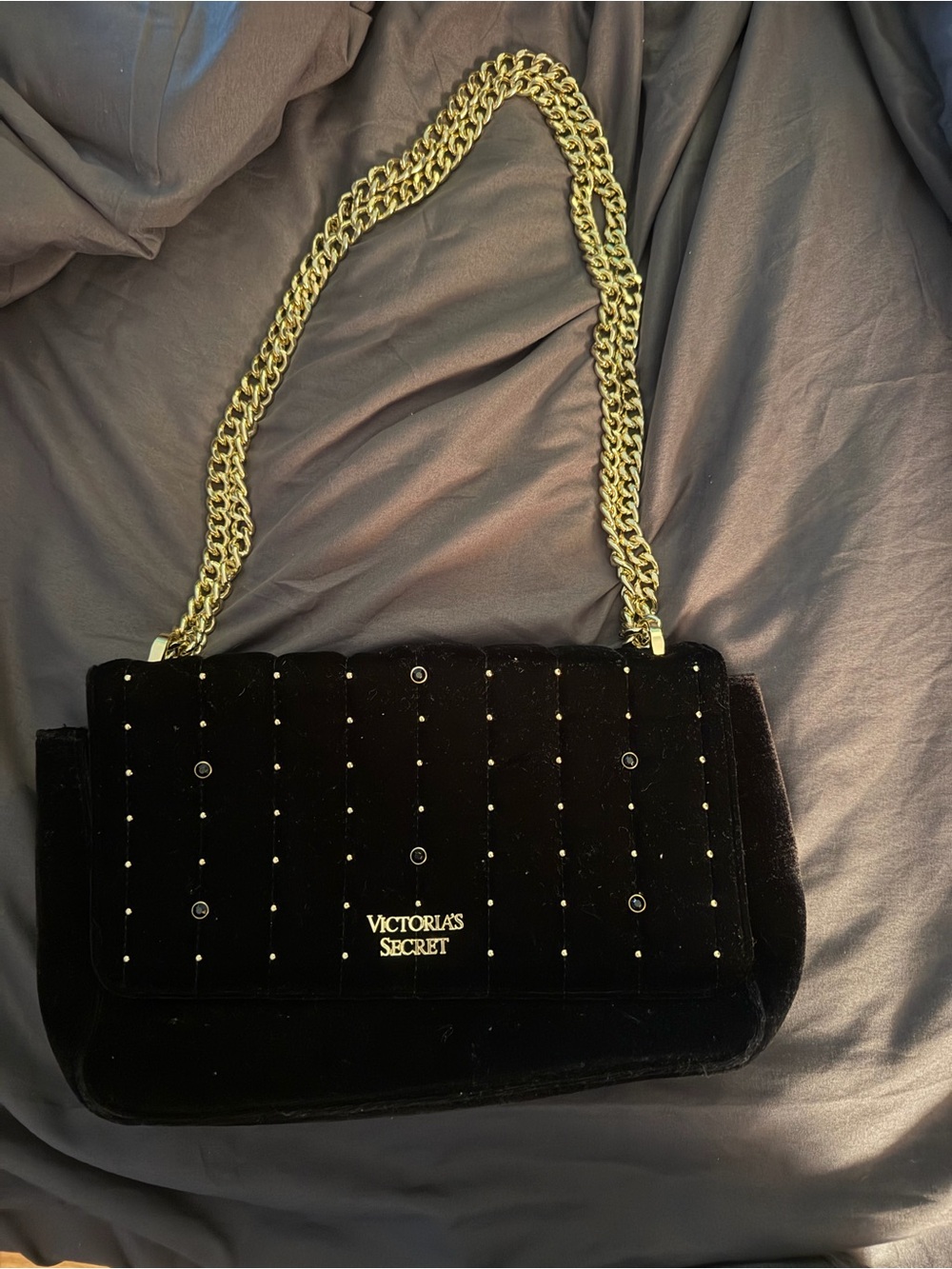 Victoria's Secret Black Velvet Shoulder Bag with Gold Chain